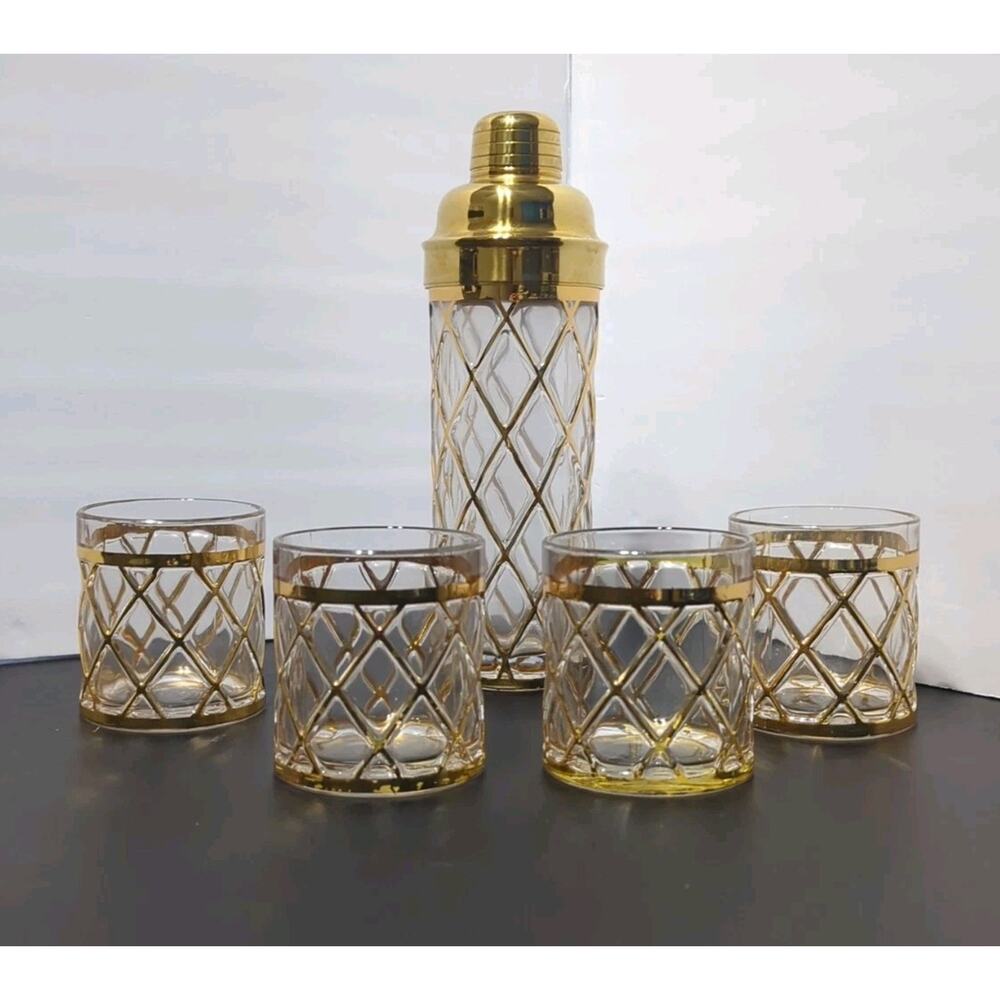 Altuzarra 18k Gold Lattice Cocktail Shaker And 4 Glasses Vintage MCM